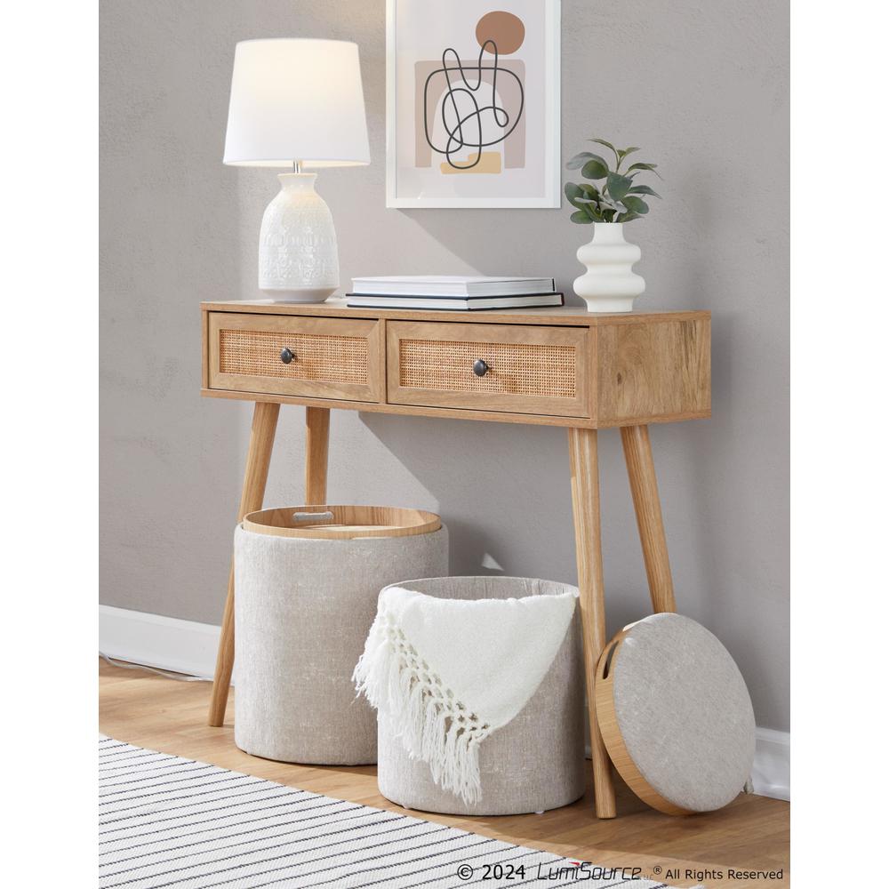 Light Brown Fabric, Natural Wood Tray Nesting Ottoman Set. Picture 9