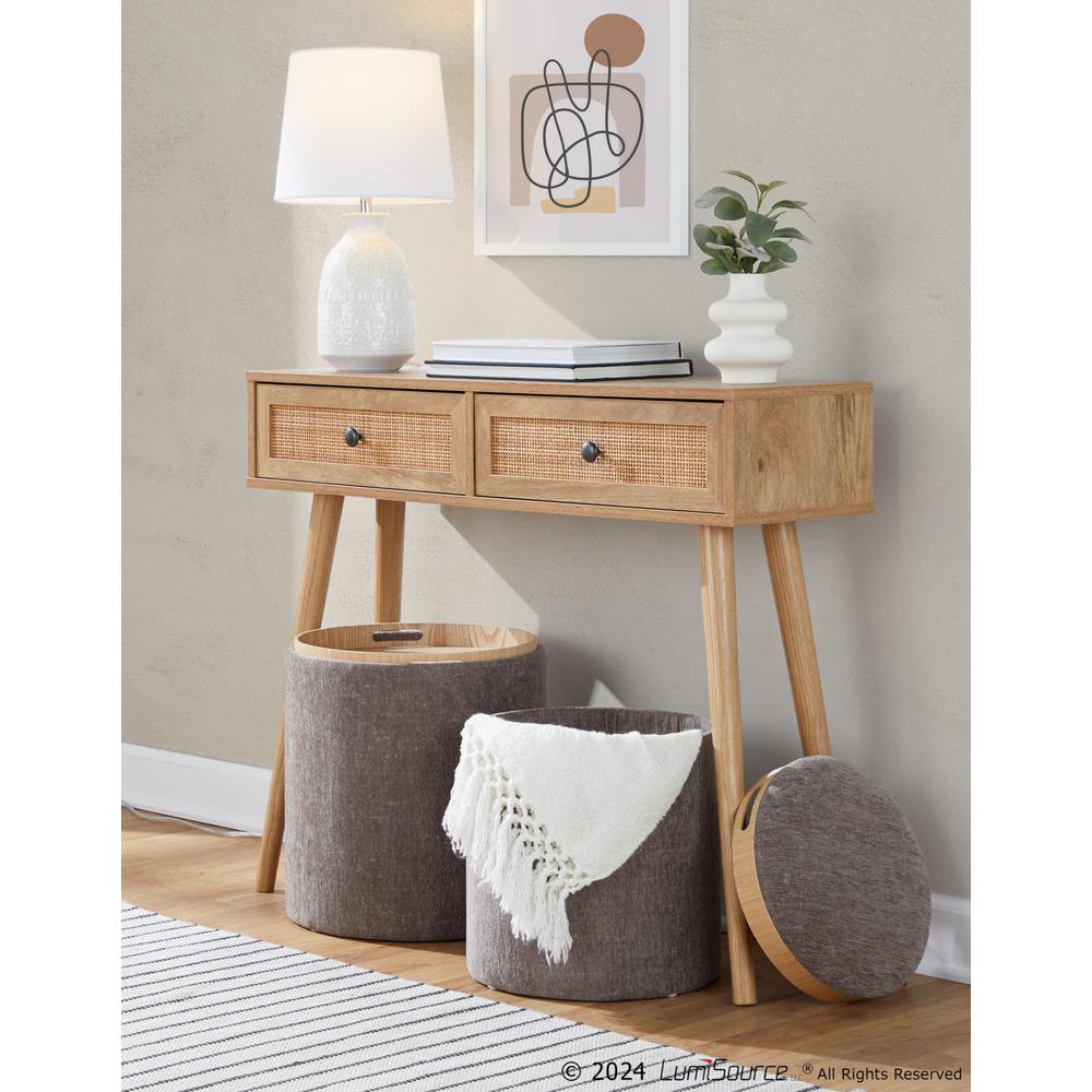 Brown Fabric, Natural Wood Tray Nesting Ottoman Set. Picture 9
