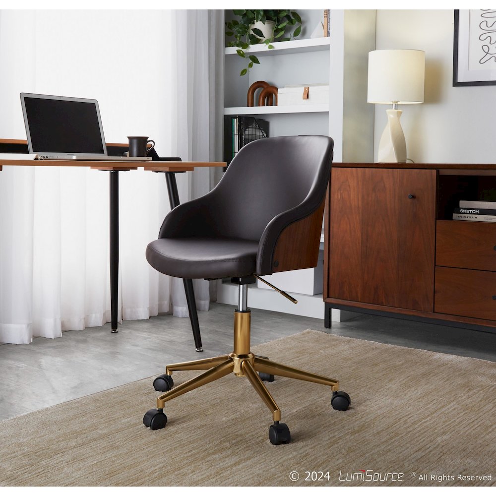 Bacci Office Chair in Gold Metal, Walnut Wood, Brown PU color. Picture 6