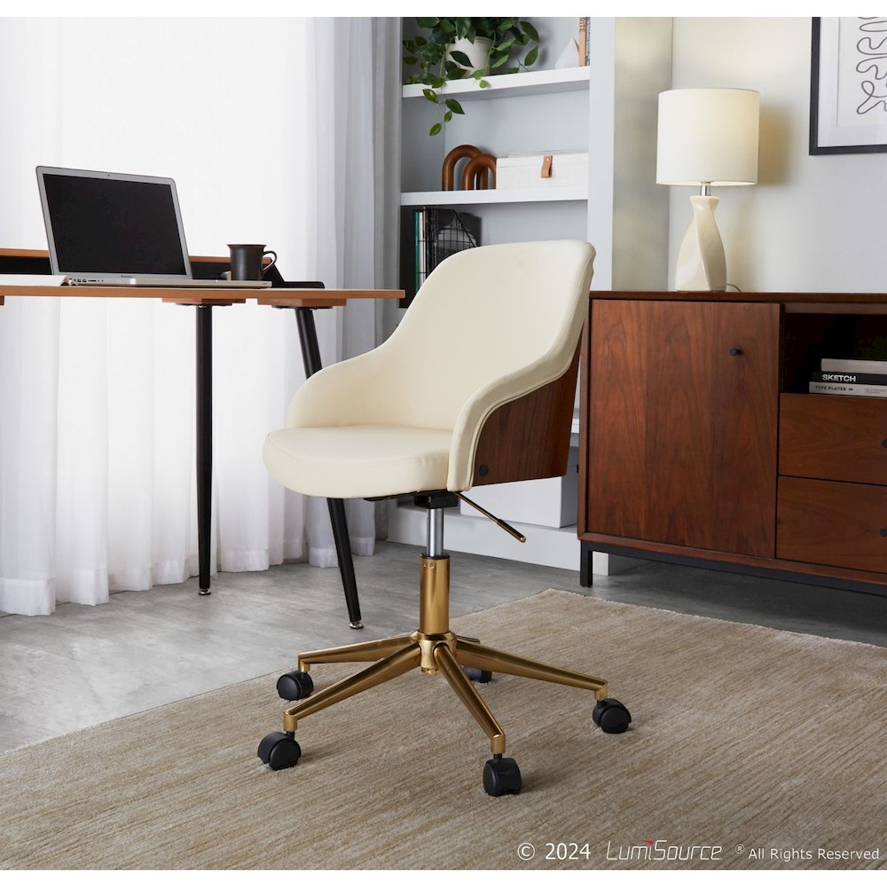 Bacci Office Chair in Gold Metal, Walnut Wood, Cream PU color. Picture 6