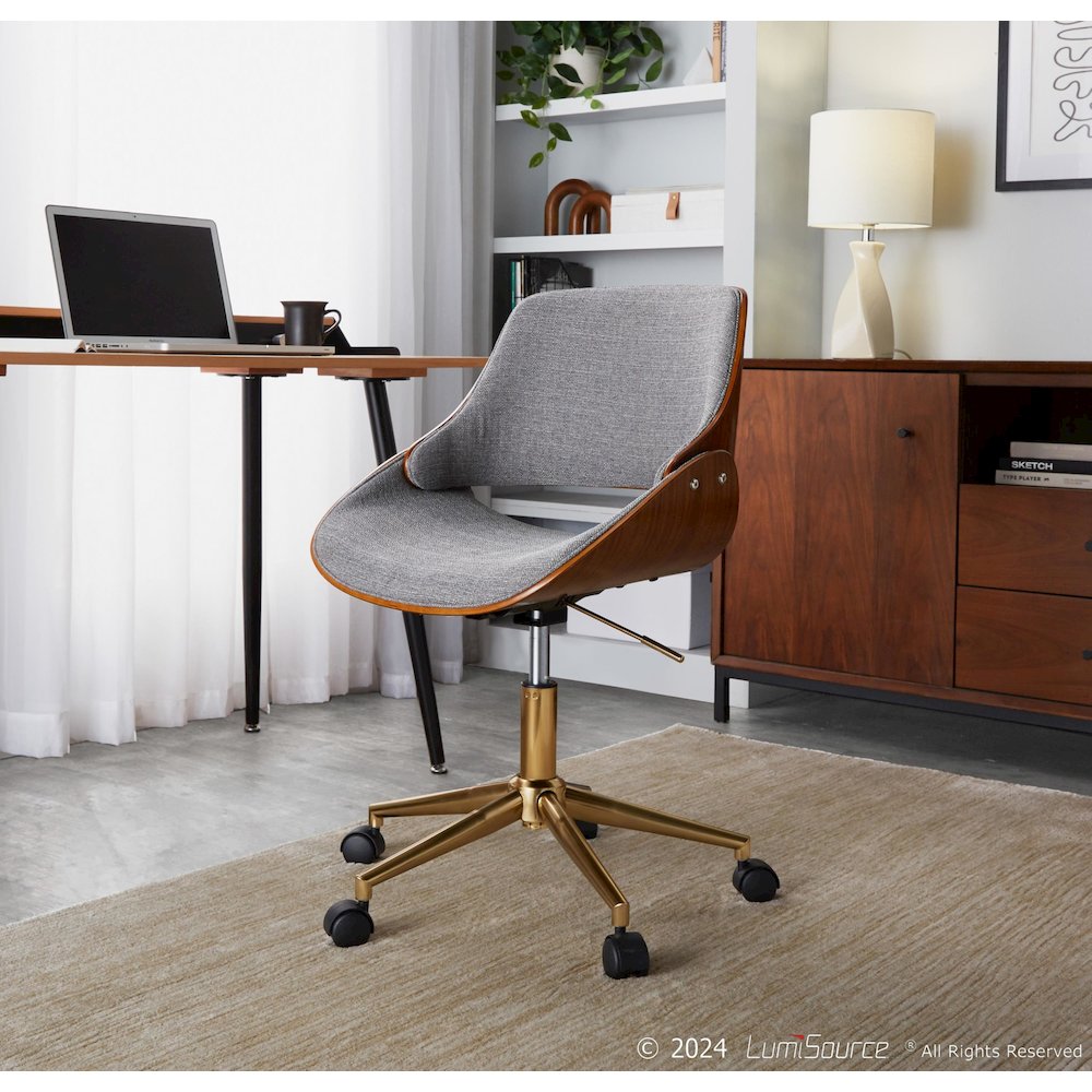 Fabrizzi Office Chair in Gold Metal, Walnut Wood, Grey Fabric color. Picture 6