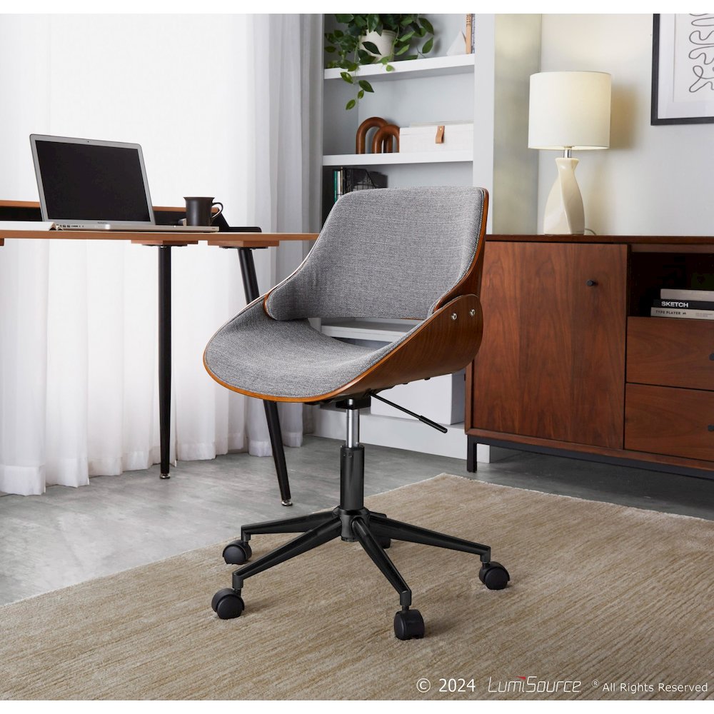 Fabrizzi Office Chair in Black Metal, Walnut Wood, Grey Fabric color. Picture 6