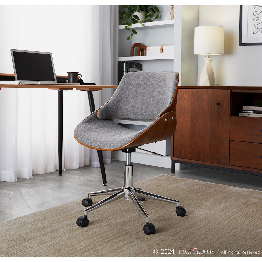 Fabrizzi Office Chair in Chrome Metal, Walnut Wood, Grey Fabric color. Picture 6