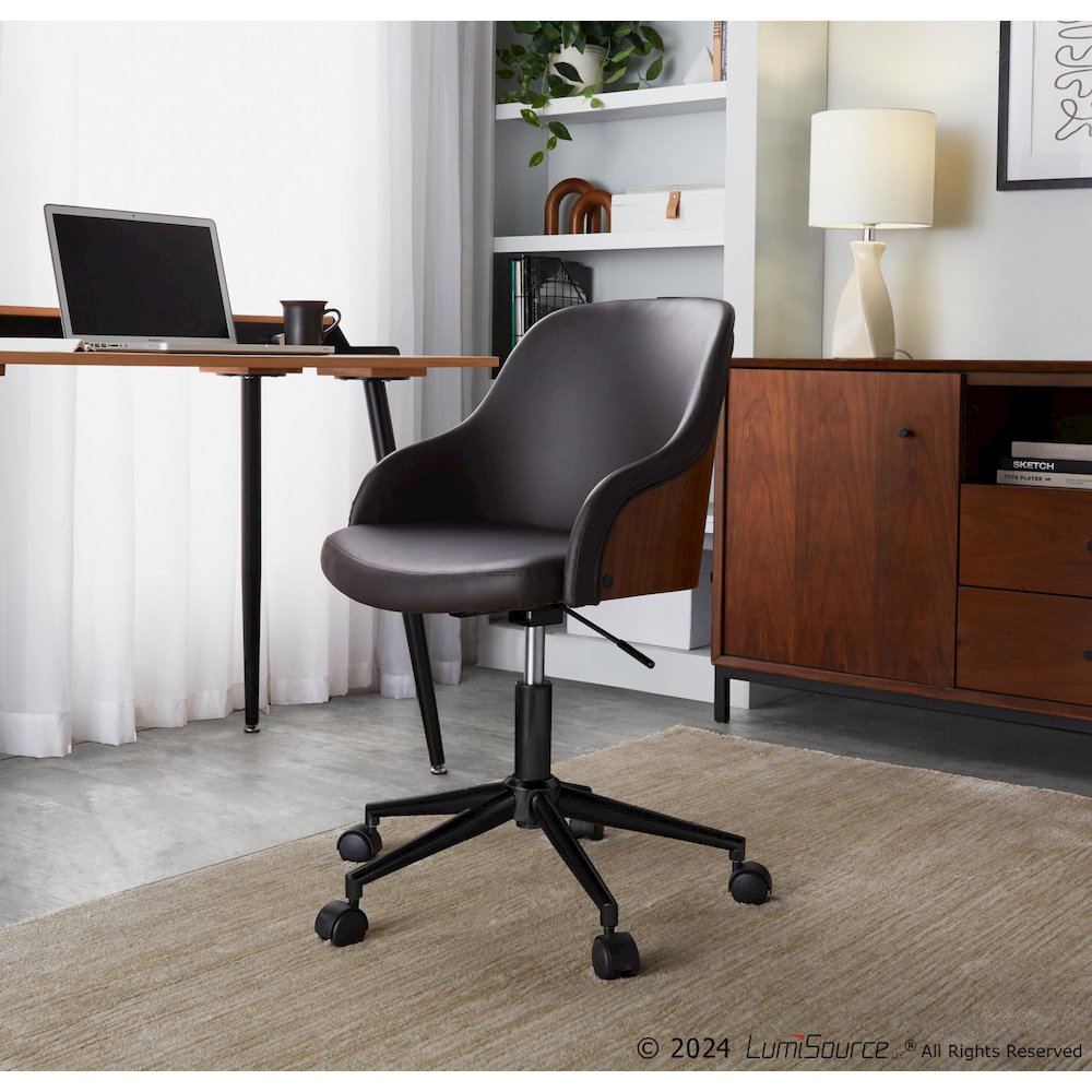 Bacci Office Chair in Black Metal, Walnut Wood, Brown PU color. Picture 6