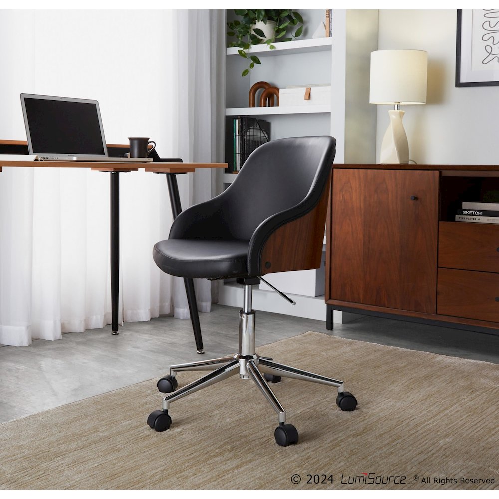 Bacci Office Chair in Chrome Metal, Walnut Wood, Brown PU color. Picture 6