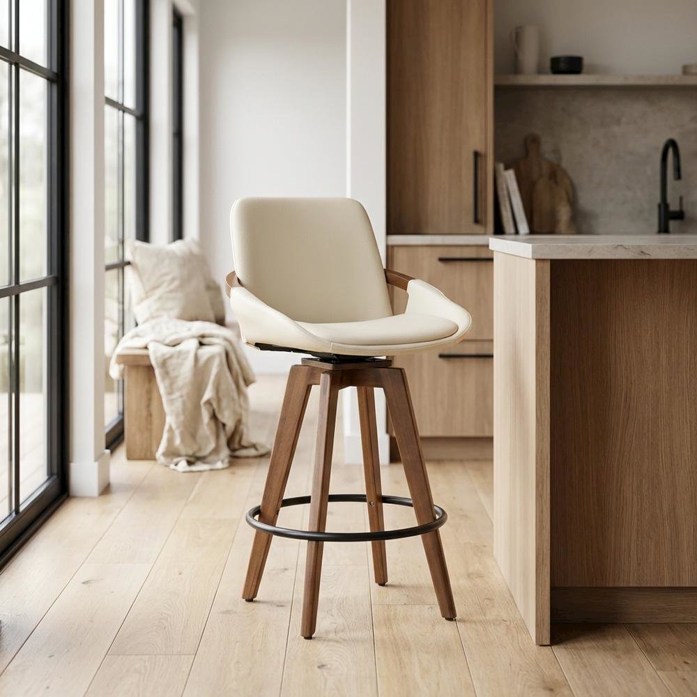 Mid-Century Counter Stool in Walnut and Cream Faux Leather with Armrests. Picture 4