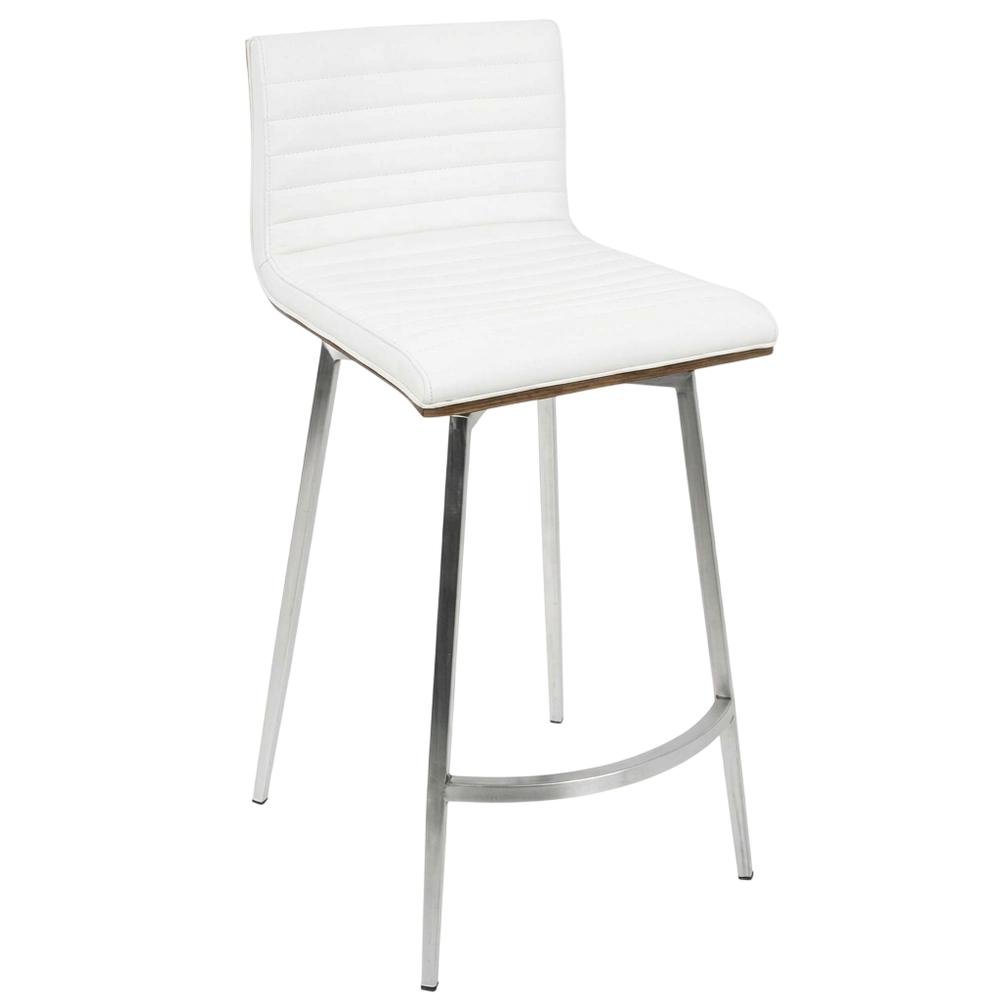 Stainless Steel and Walnut Counter Stool with White Faux Leather Cover, Set of 2. Picture 5