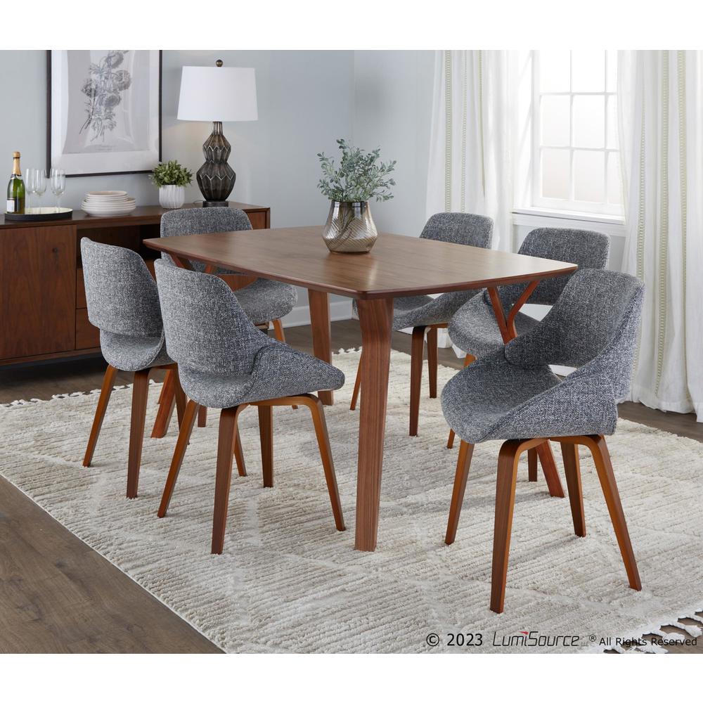 Walnut Wood, Clear Glass, Grey Fabric Folia Fabrico Dining Set - 7 Piece. Picture 3