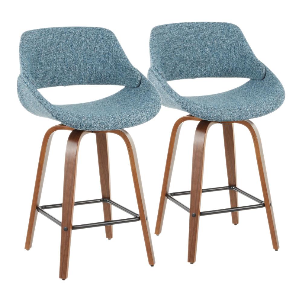 Walnut Wood, Blue Fabric, Black Metal Fabrico Counter Stool - Set of 2. Picture 1