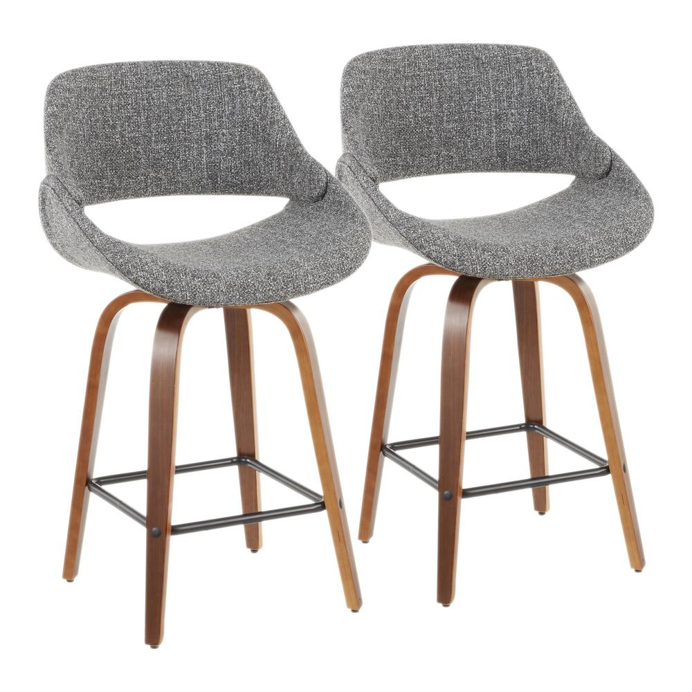 Walnut Wood, Grey Fabric, Black Metal Fabrico Counter Stool - Set of 2. Picture 1