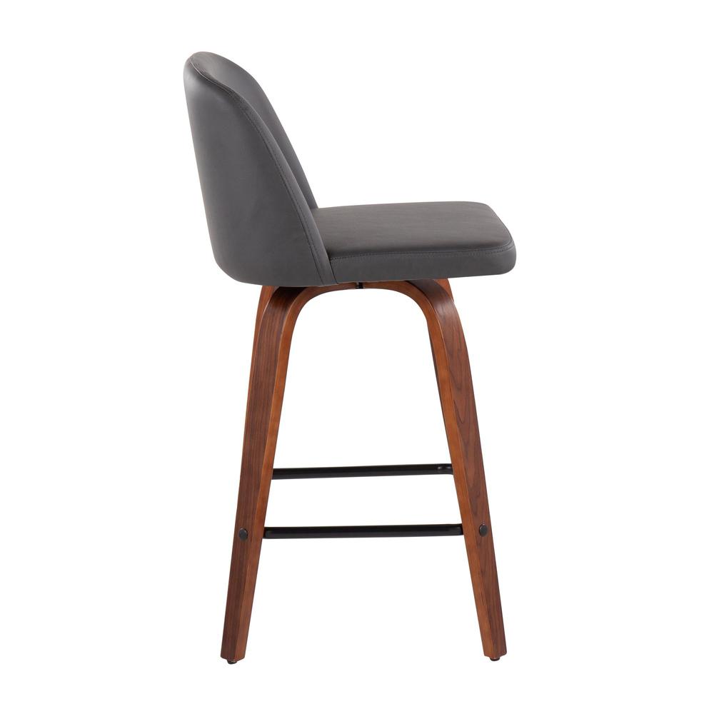 Walnut Wood, Grey PU, Black Steel Toriano Fixed-Height Counter Stool - Set of 2. Picture 3