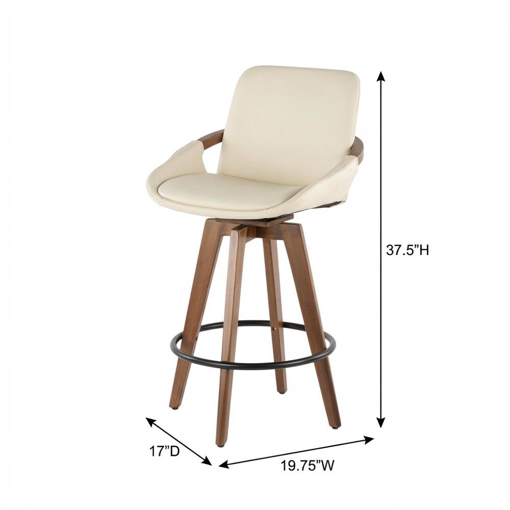Mid-Century Counter Stool in Walnut and Cream Faux Leather with Armrests. Picture 5
