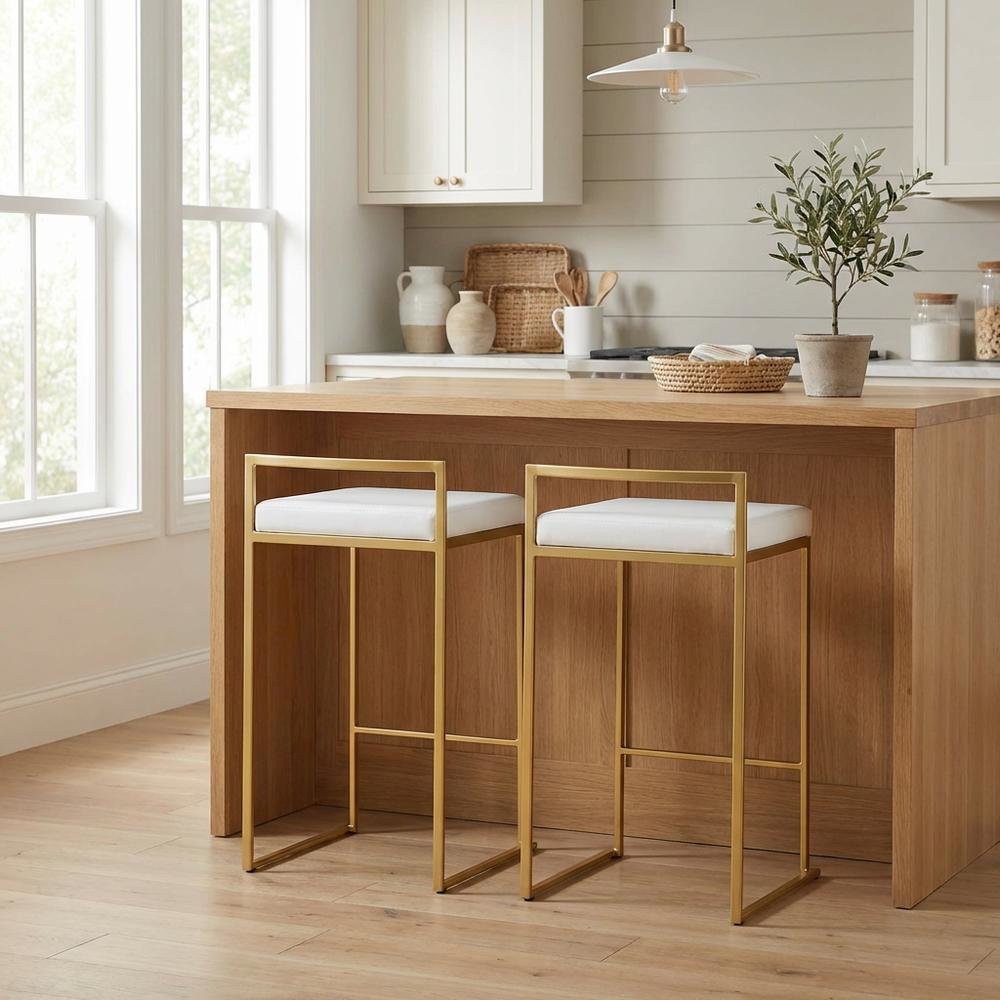 Contemporary-Glam Counter Stool in Gold with White Faux Leather Set of 2. Picture 2