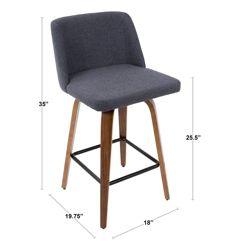 Walnut Wood, Blue Fabric, Black Metal Toriano Counter Stool - Set of 2. Picture 8