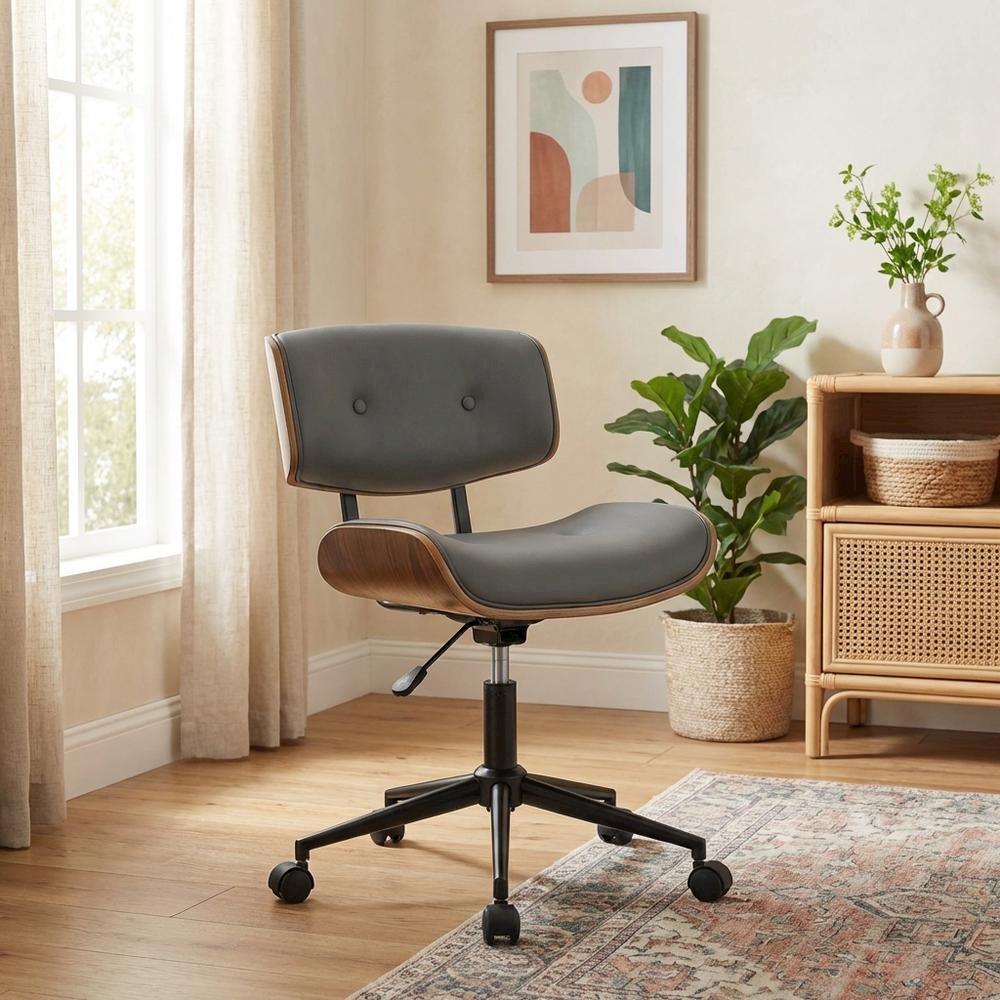 Adjustable Walnut Office Chair with Swivel and Grey Seat for Modern Workspaces. Picture 4