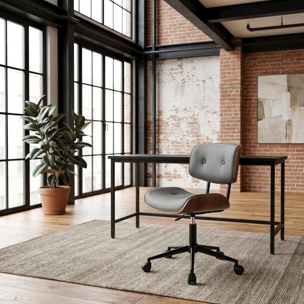 Adjustable Walnut Office Chair with Swivel and Grey Seat for Modern Workspaces. Picture 2