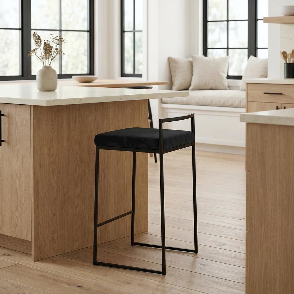 Black contemporary stackable counter stool set with velvet cushions. Picture 2
