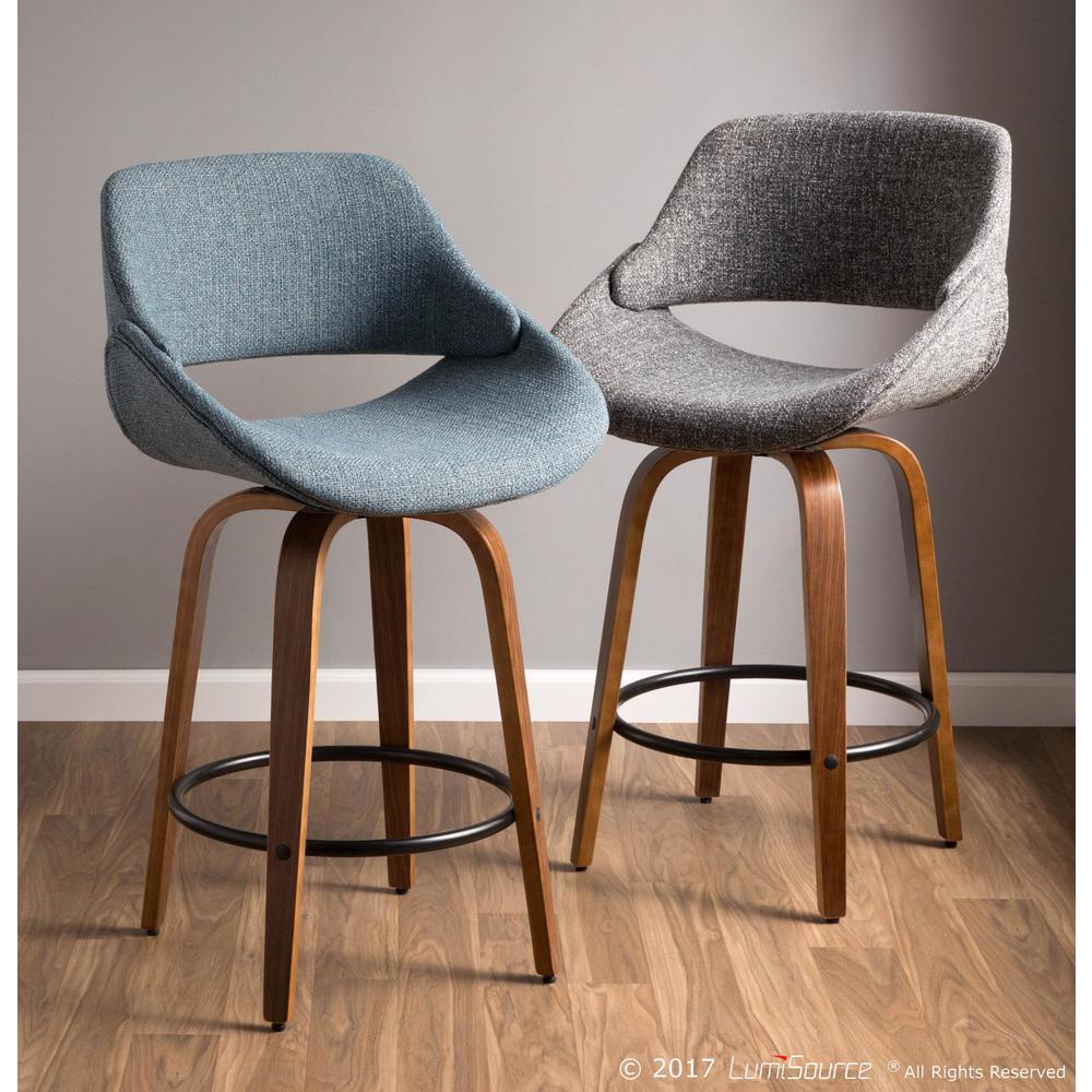 Walnut Wood, Blue Fabric, Black Metal Fabrico Counter Stool - Set of 2. Picture 11