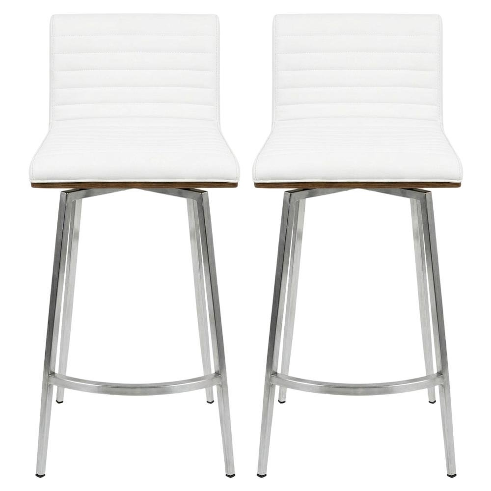 Stainless Steel and Walnut Counter Stool with White Faux Leather Cover, Set of 2. Picture 1