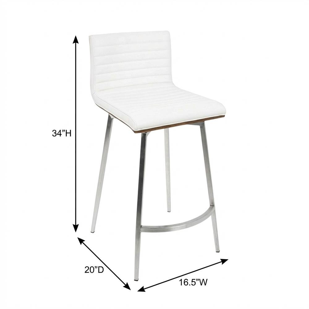 Stainless Steel and Walnut Counter Stool with White Faux Leather Cover, Set of 2. Picture 6