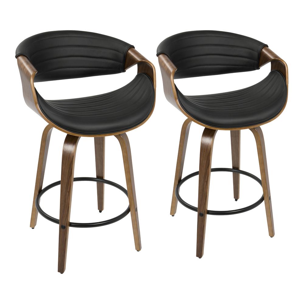 Walnut Wood, Black PU, Black Metal Symphony Counter Stool - Set of 2. Picture 1