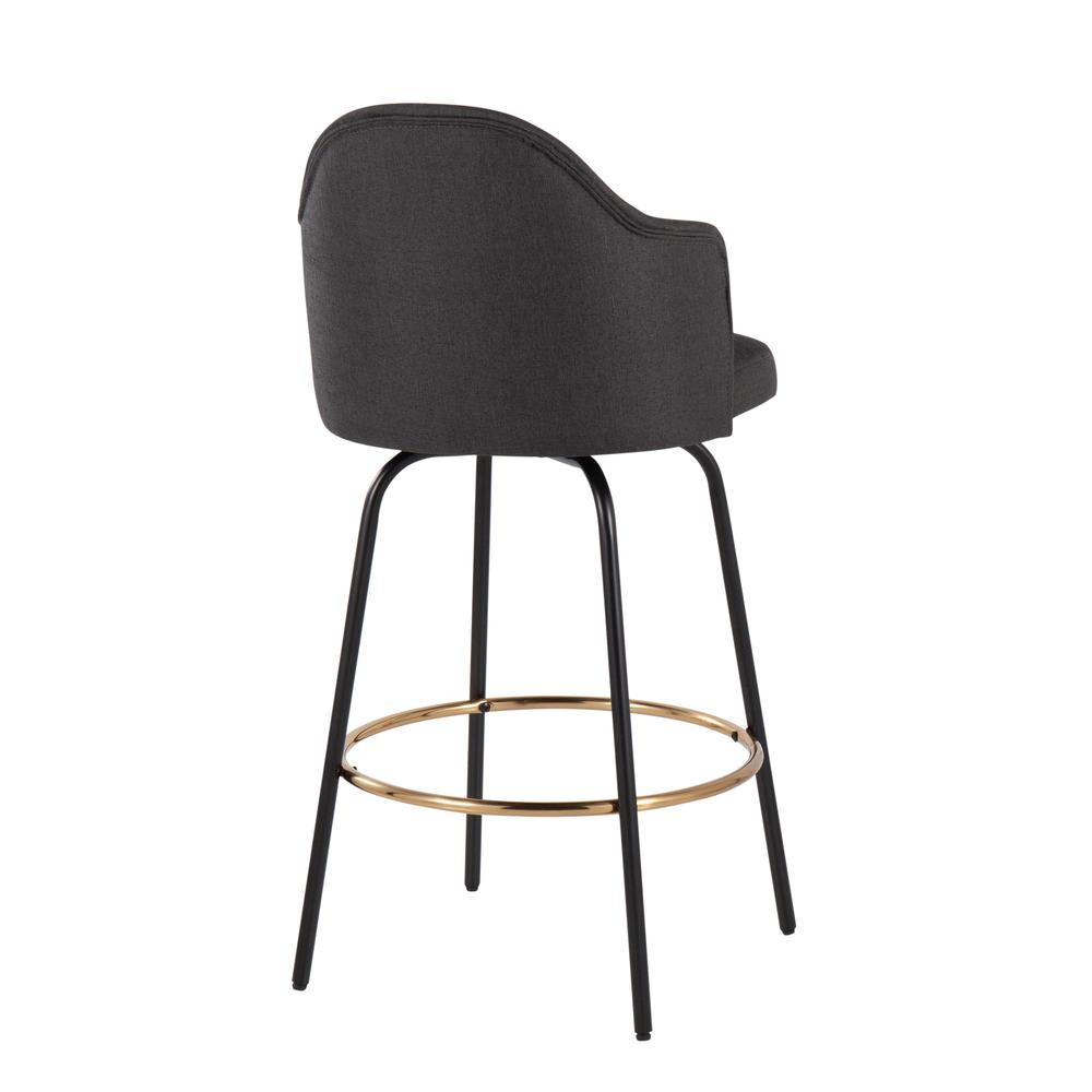 Black Metal, Gold Metal Footrest, Charcoal Fabric Ahoy Counter Stool - Set of 2. Picture 4