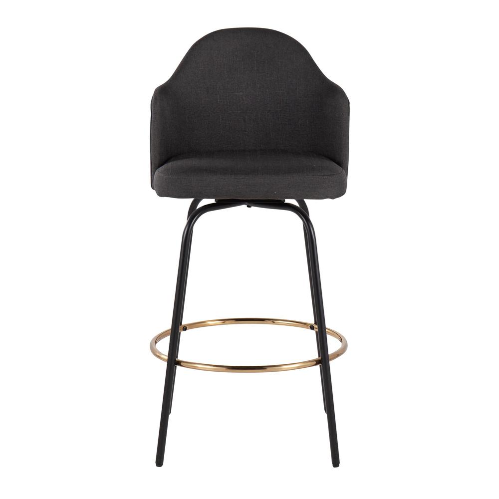 Black Metal, Gold Metal Footrest, Charcoal Fabric Ahoy Counter Stool - Set of 2. Picture 6