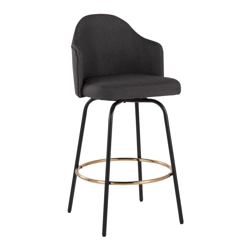 Black Metal, Gold Metal Footrest, Charcoal Fabric Ahoy Counter Stool - Set of 2. Picture 2