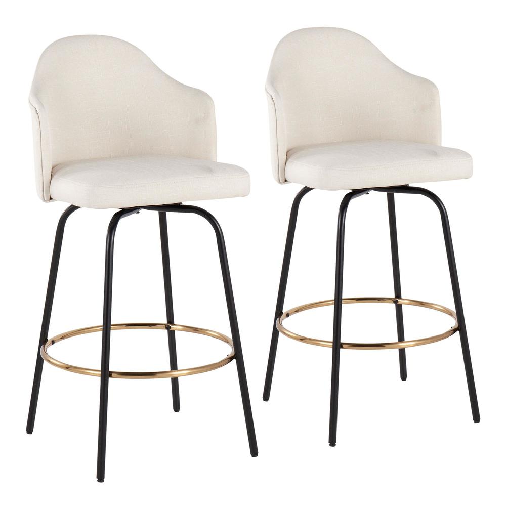 Black Metal, Gold Metal Footrest, Cream Fabric Ahoy Counter Stool - Set of 2. Picture 1