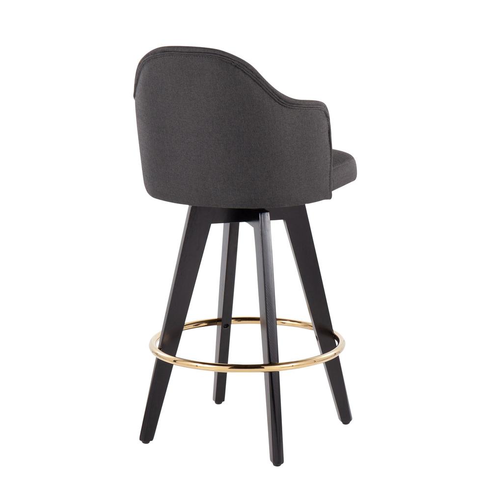 Black Wood, Gold Metal, Charcoal Fabric Ahoy 26" Counter Stool - Set of 2. Picture 4