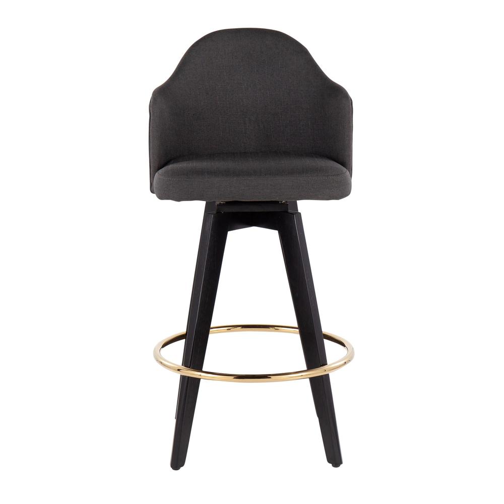 Black Wood, Gold Metal, Charcoal Fabric Ahoy 26" Counter Stool - Set of 2. Picture 6