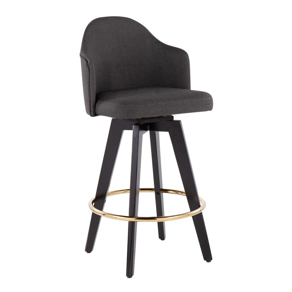 Black Wood, Gold Metal, Charcoal Fabric Ahoy 26" Counter Stool - Set of 2. Picture 2
