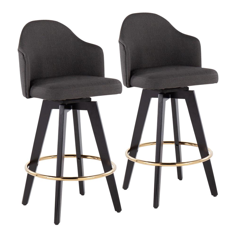 Black Wood, Gold Metal, Charcoal Fabric Ahoy 26" Counter Stool - Set of 2. Picture 1