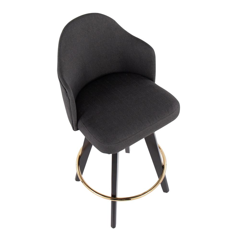 Black Wood, Gold Metal, Charcoal Fabric Ahoy 26" Counter Stool - Set of 2. Picture 7