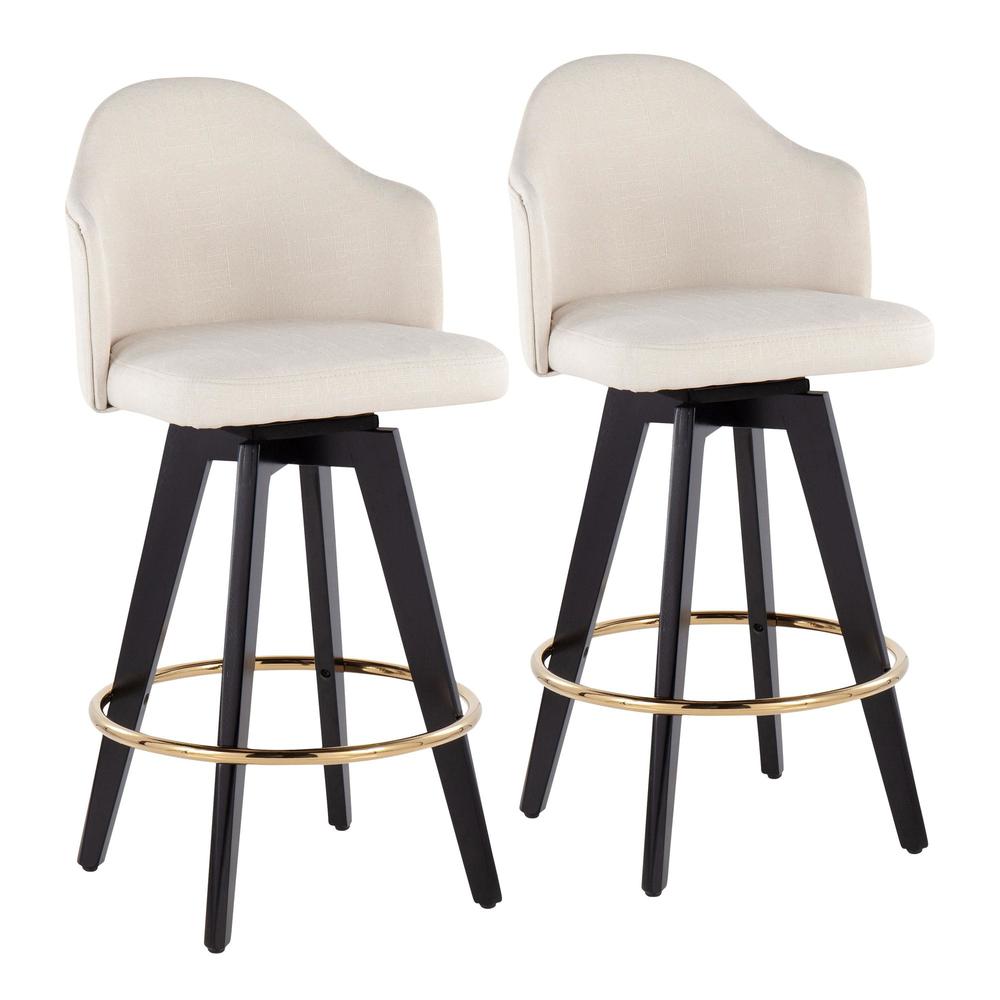 Black Wood, Gold Metal, Cream Fabric Ahoy 26" Counter Stool - Set of 2. Picture 1