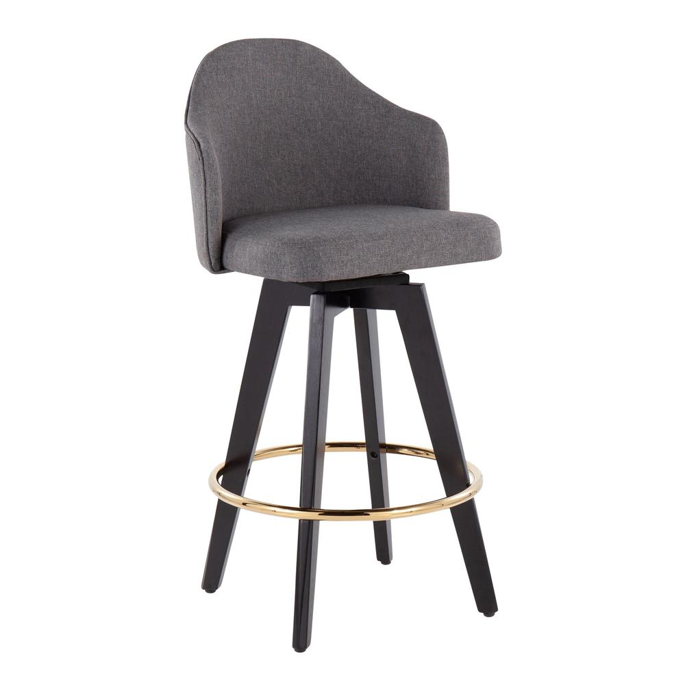 Black Wood, Gold Metal, Grey Fabric Ahoy 26" Counter Stool - Set of 2. Picture 2