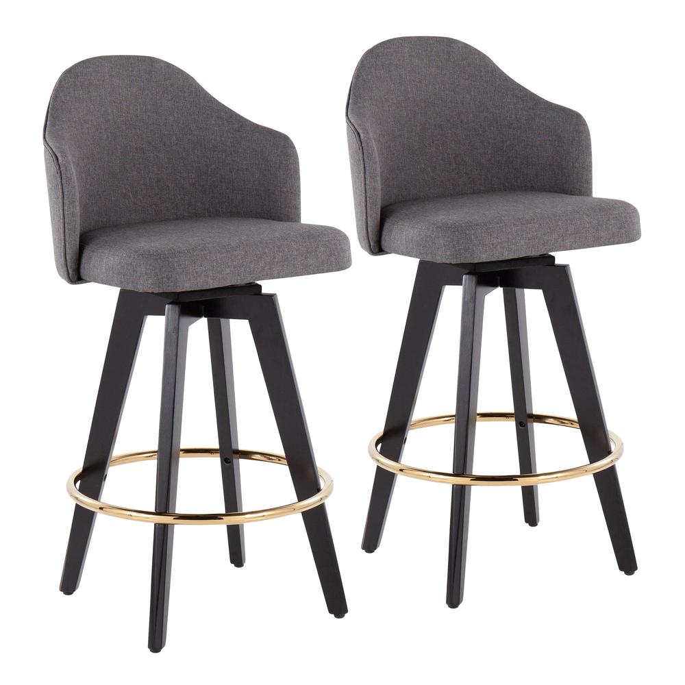 Black Wood, Gold Metal, Grey Fabric Ahoy 26" Counter Stool - Set of 2. Picture 1
