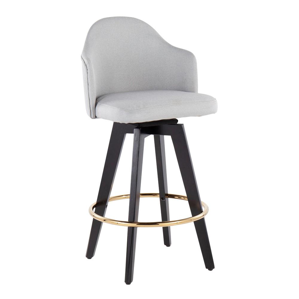 Black Wood, Gold Metal, Light Grey Fabric Ahoy 26" Counter Stool - Set of 2. Picture 2