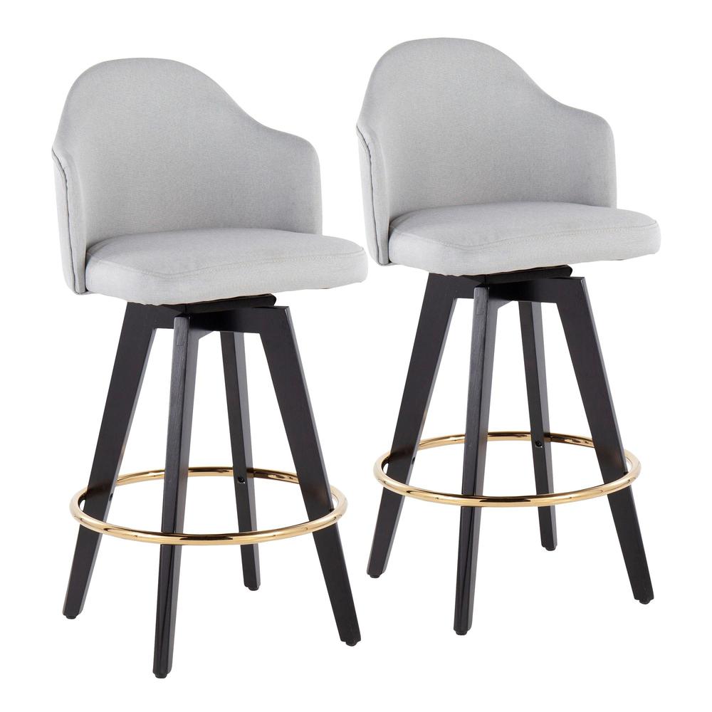 Black Wood, Gold Metal, Light Grey Fabric Ahoy 26" Counter Stool - Set of 2. Picture 1