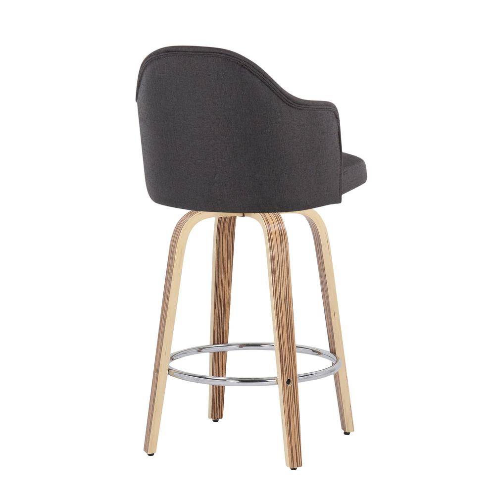 Zebra Wood, Chrome, Charcoal Fabric Ahoy Counter Stool - Set of 2. Picture 4