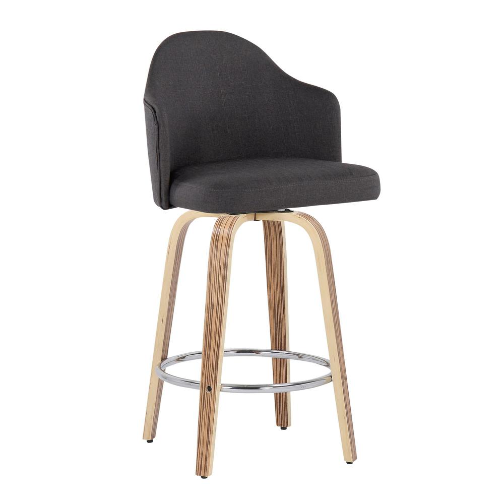 Zebra Wood, Chrome, Charcoal Fabric Ahoy Counter Stool - Set of 2. Picture 2
