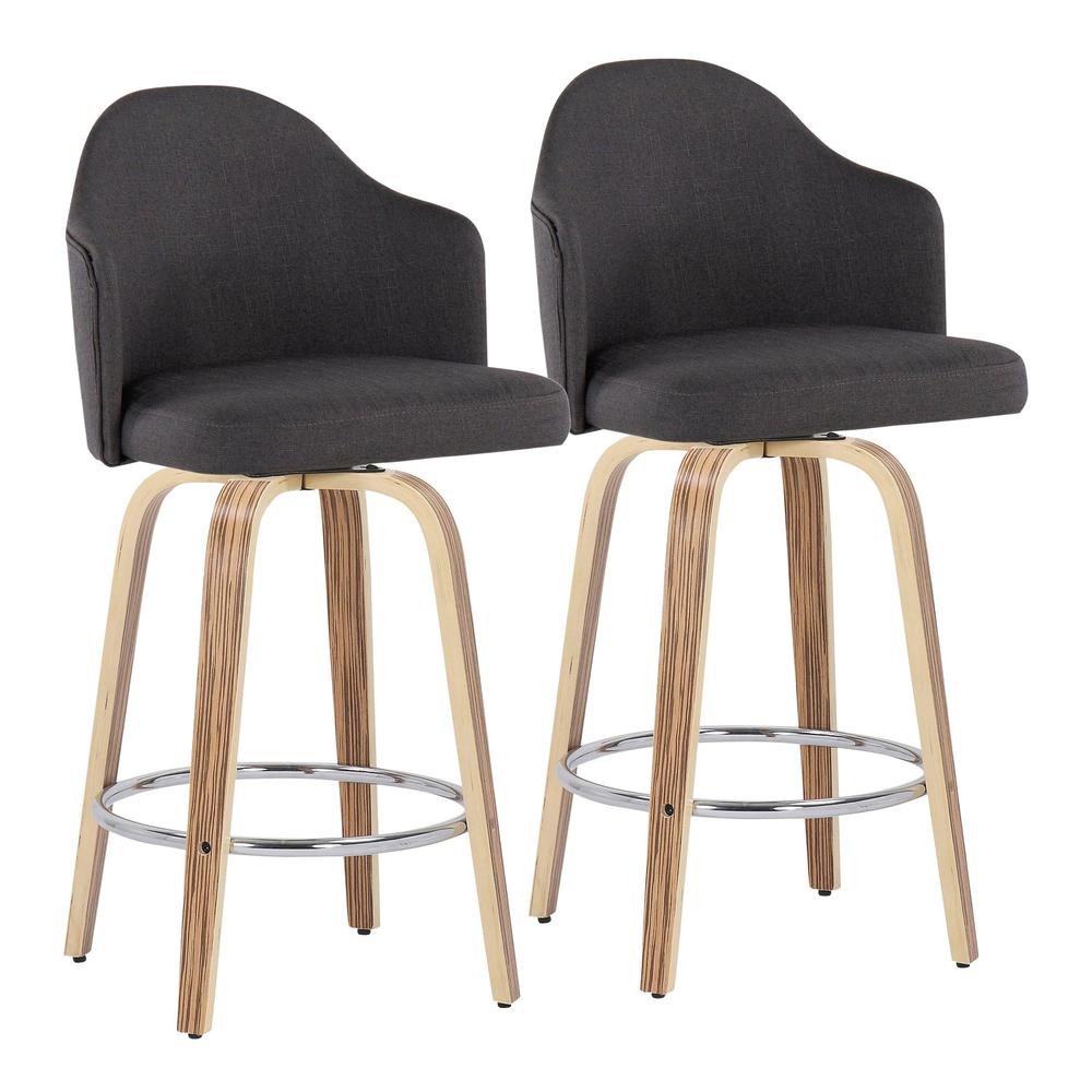 Zebra Wood, Chrome, Charcoal Fabric Ahoy Counter Stool - Set of 2. Picture 1
