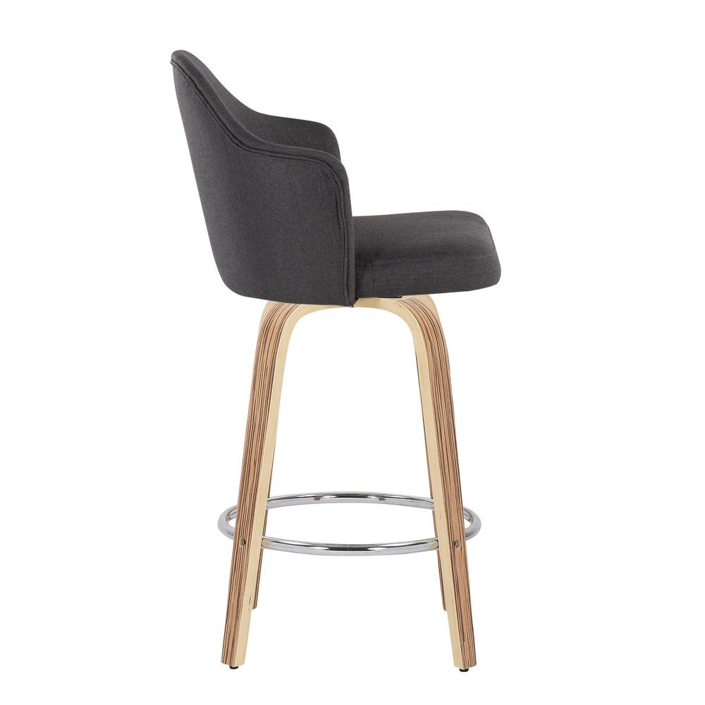 Zebra Wood, Chrome, Charcoal Fabric Ahoy Counter Stool - Set of 2. Picture 3
