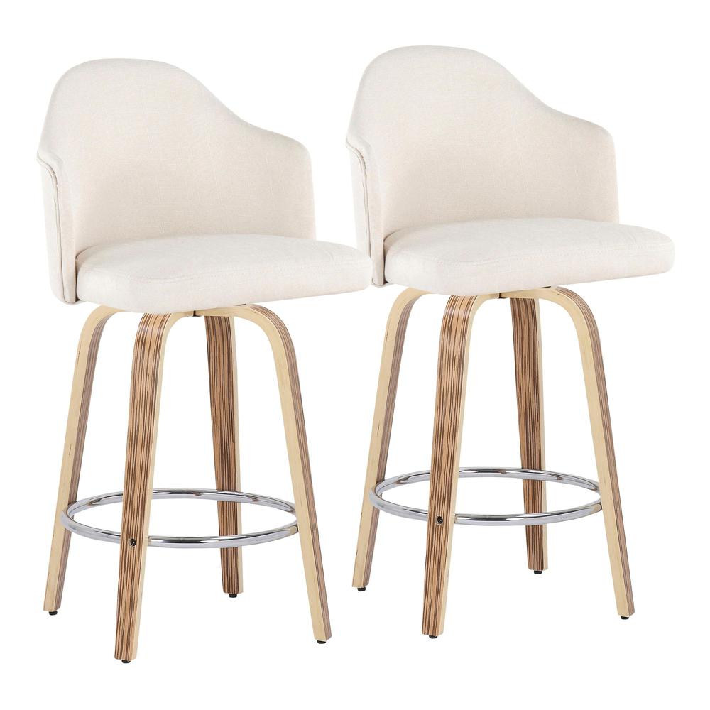 Zebra Wood, Chrome, Cream Fabric Ahoy Counter Stool - Set of 2. Picture 1