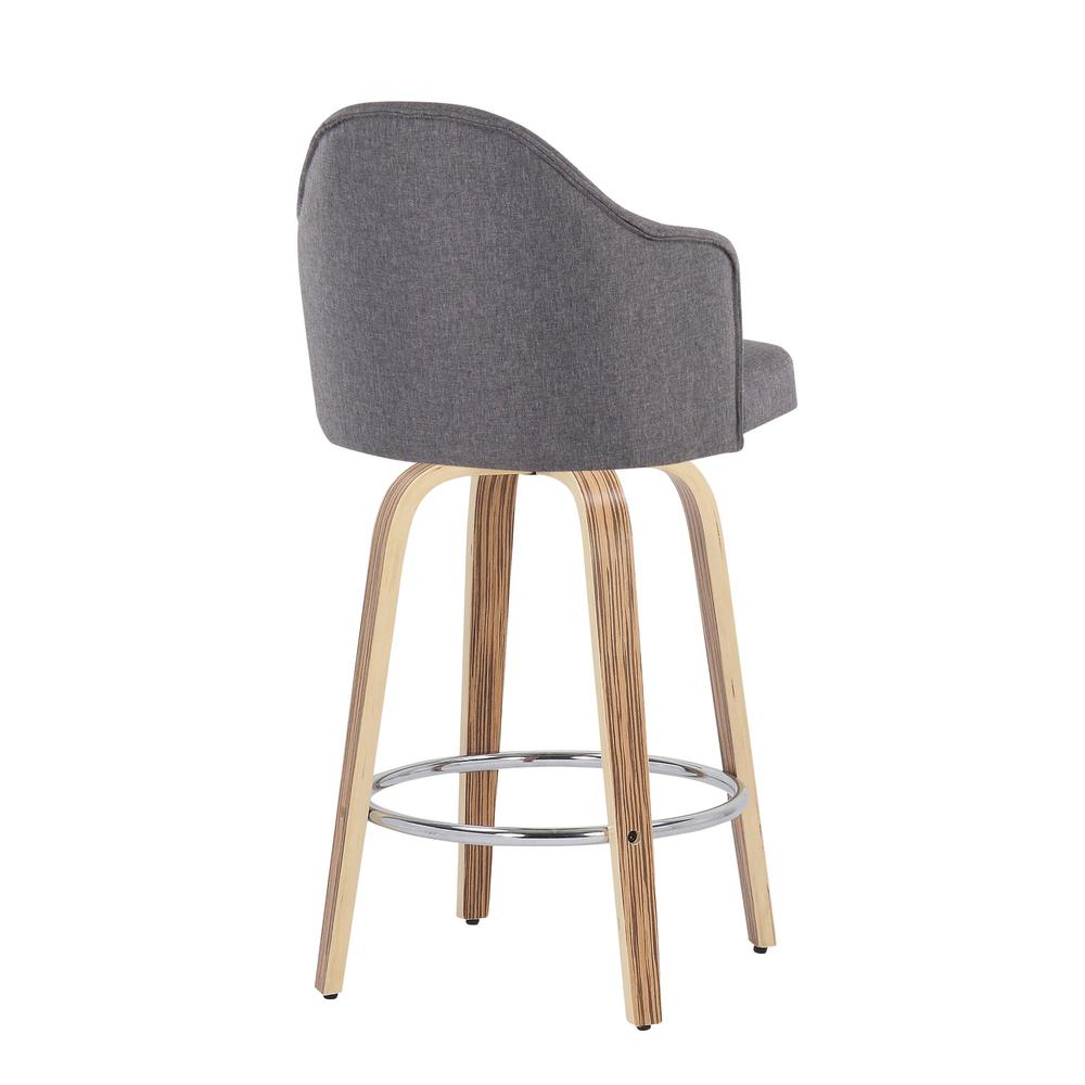 Zebra Wood, Chrome, Grey Fabric Ahoy Counter Stool - Set of 2. Picture 4