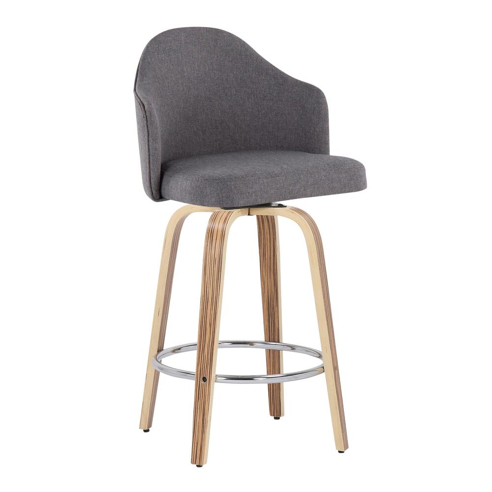 Zebra Wood, Chrome, Grey Fabric Ahoy Counter Stool - Set of 2. Picture 2