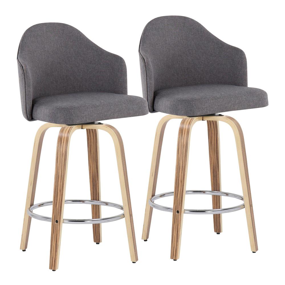 Zebra Wood, Chrome, Grey Fabric Ahoy Counter Stool - Set of 2. Picture 1
