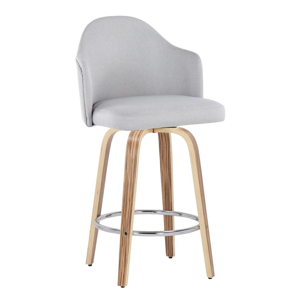 Zebra Wood, Chrome, Light Grey Fabric Ahoy Counter Stool - Set of 2. Picture 2