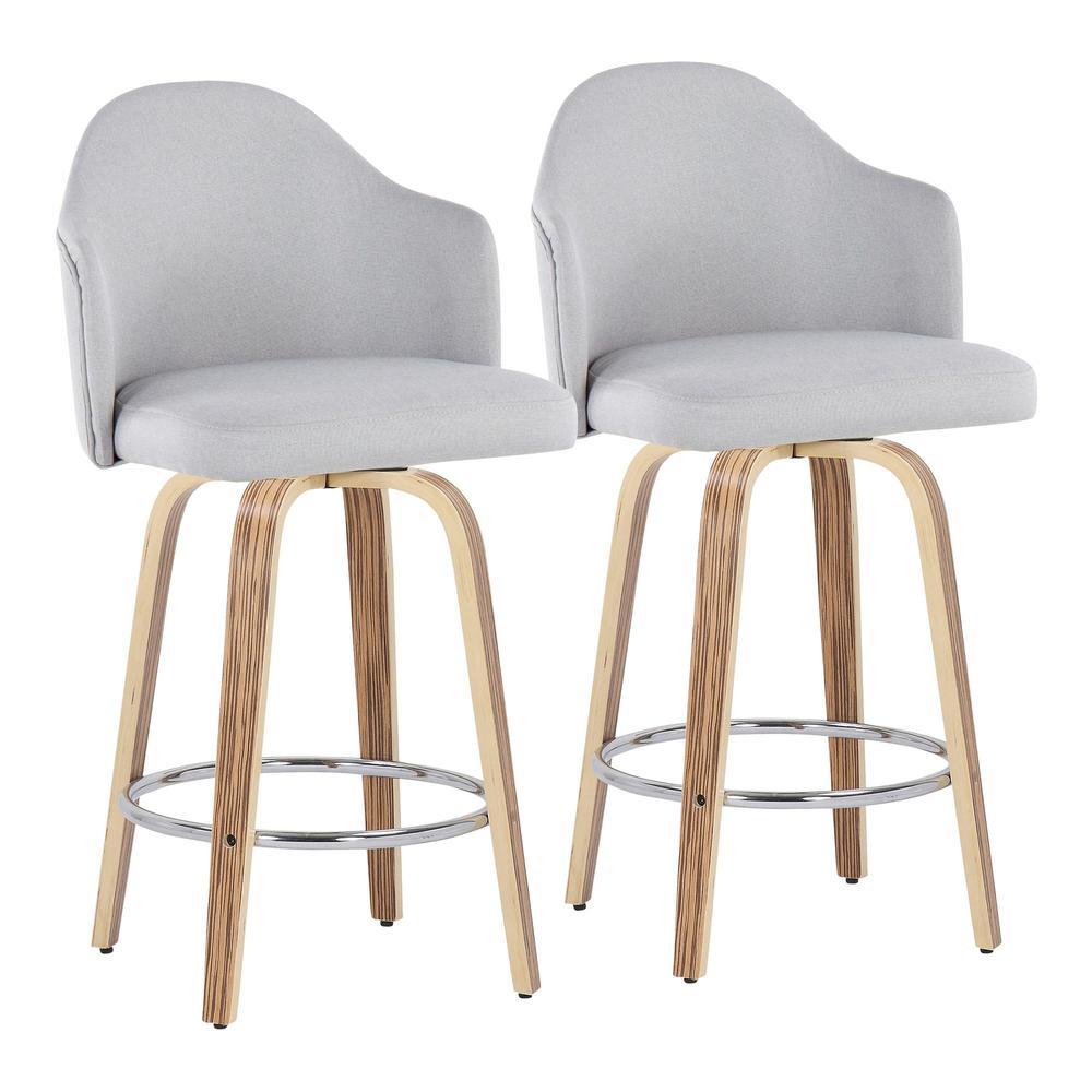 Zebra Wood, Chrome, Light Grey Fabric Ahoy Counter Stool - Set of 2. Picture 1