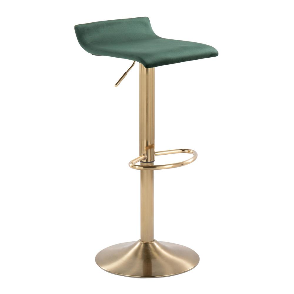 Gold Brushed Metal, Green Velvet Ale Adjustable Height Barstool - Set of 2. Picture 2